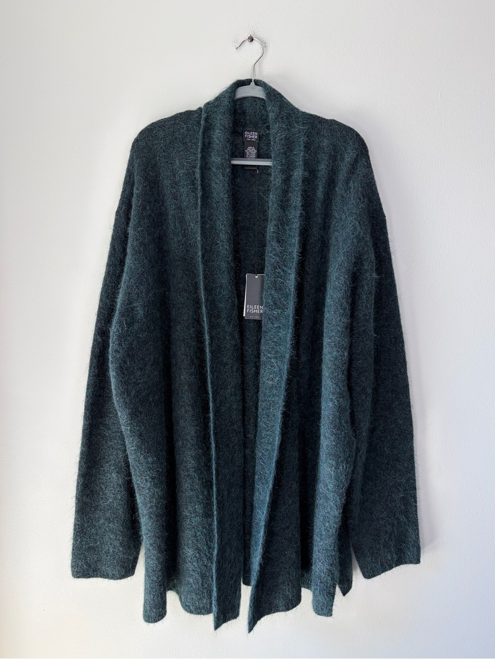 Eileen Fisher Merino Wool Mohair Blend Shawl Collar Long Cardigan in Neptune